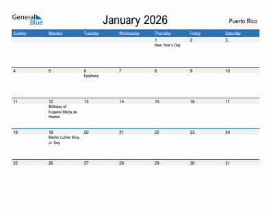 Current month calendar with Puerto Rico holidays for January 2026