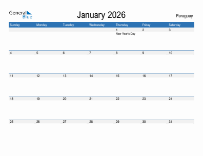 Current month calendar with Paraguay holidays for January 2026