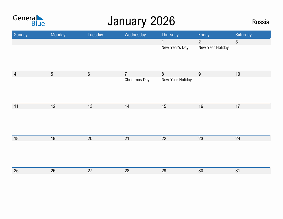 January 2026 Monthly Calendar with Russia Holidays