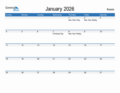 Current month calendar with Russia holidays for January 2026