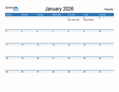 Current month calendar with Rwanda holidays for January 2026