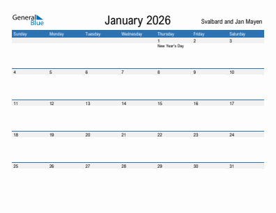 Current month calendar with Svalbard and Jan Mayen holidays for January 2026