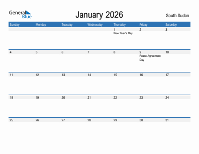 Current month calendar with South Sudan holidays for January 2026