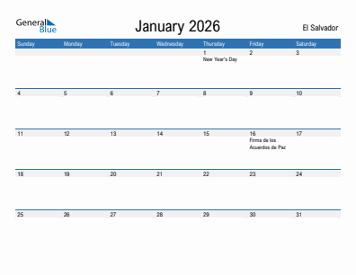 Current month calendar with El Salvador holidays for January 2026