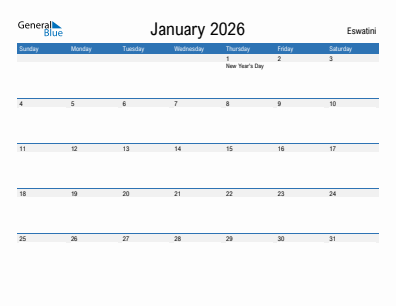 Current month calendar with Eswatini holidays for January 2026