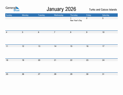 Current month calendar with Turks and Caicos Islands holidays for January 2026