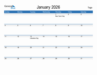 Current month calendar with Togo holidays for January 2026