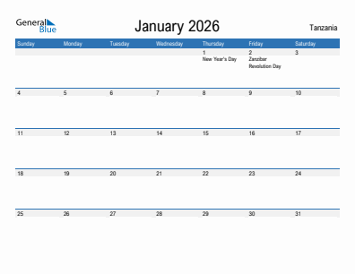 Current month calendar with Tanzania holidays for January 2026