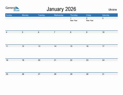 Current month calendar with Ukraine holidays for January 2026