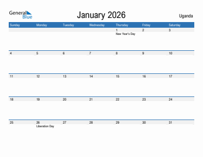 Current month calendar with Uganda holidays for January 2026