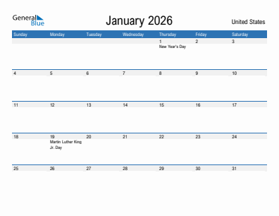 Current month calendar with United States holidays for January 2026