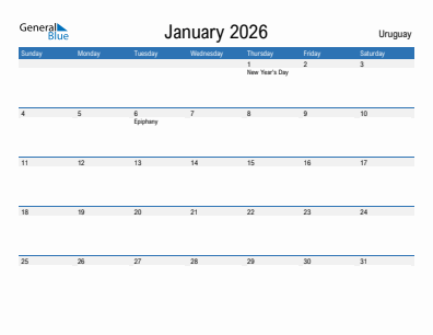 Current month calendar with Uruguay holidays for January 2026