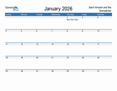 Current month calendar with Saint Vincent and the Grenadines holidays for January 2026