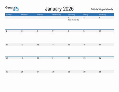 Current month calendar with British Virgin Islands holidays for January 2026