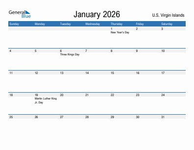 Current month calendar with U.S. Virgin Islands holidays for January 2026