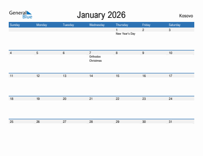 Current month calendar with Kosovo holidays for January 2026
