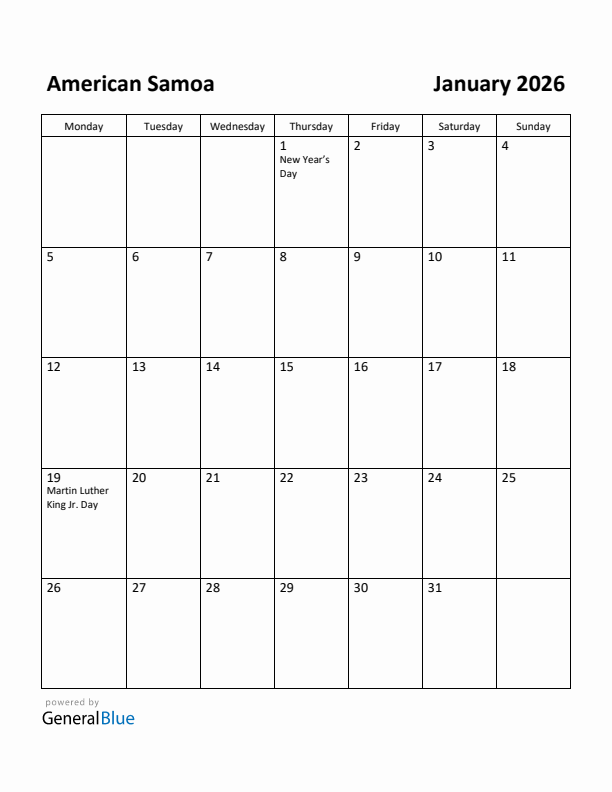 January 2026 Calendar with American Samoa Holidays