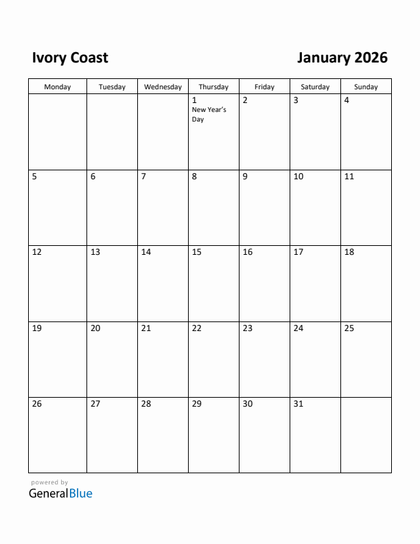 January 2026 Calendar with Ivory Coast Holidays