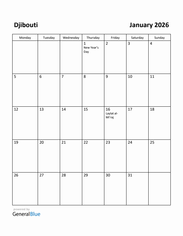 January 2026 Calendar with Djibouti Holidays