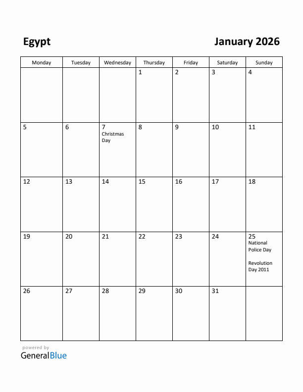 January 2026 Calendar with Egypt Holidays
