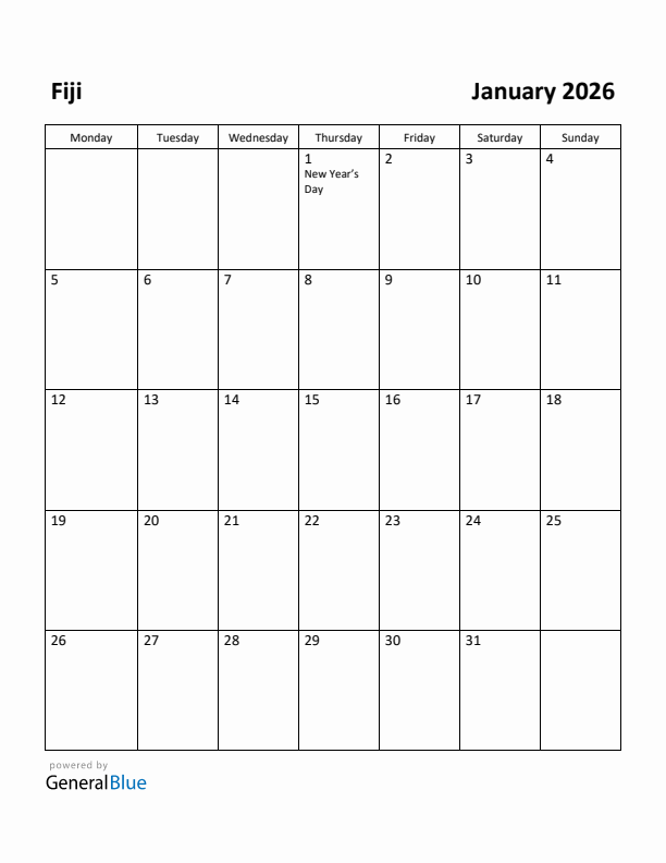 January 2026 Calendar with Fiji Holidays