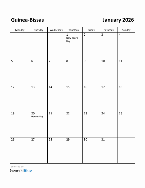 January 2026 Calendar with Guinea-Bissau Holidays