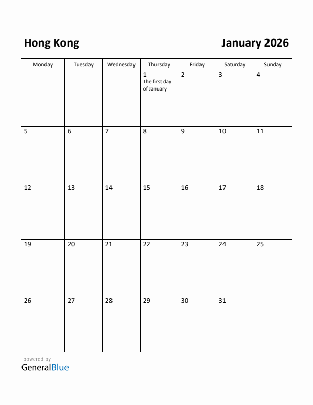 January 2026 Calendar with Hong Kong Holidays
