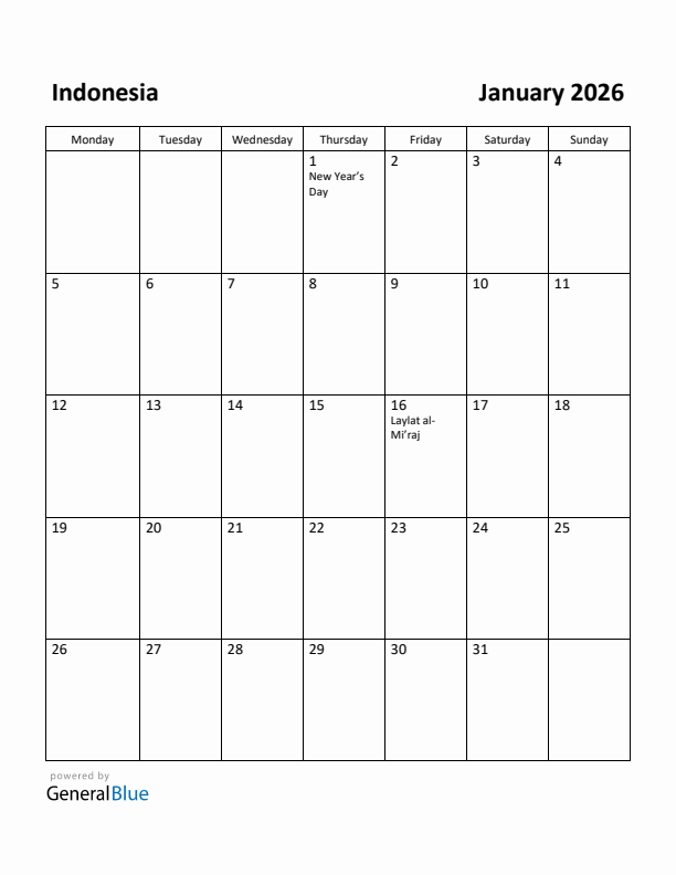 January 2026 Calendar with Indonesia Holidays