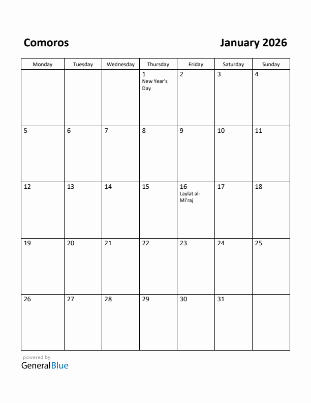 January 2026 Calendar with Comoros Holidays
