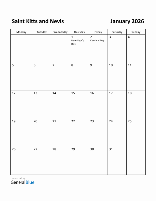 January 2026 Calendar with Saint Kitts and Nevis Holidays