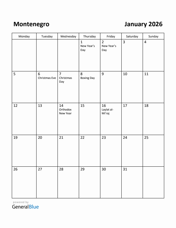 January 2026 Calendar with Montenegro Holidays