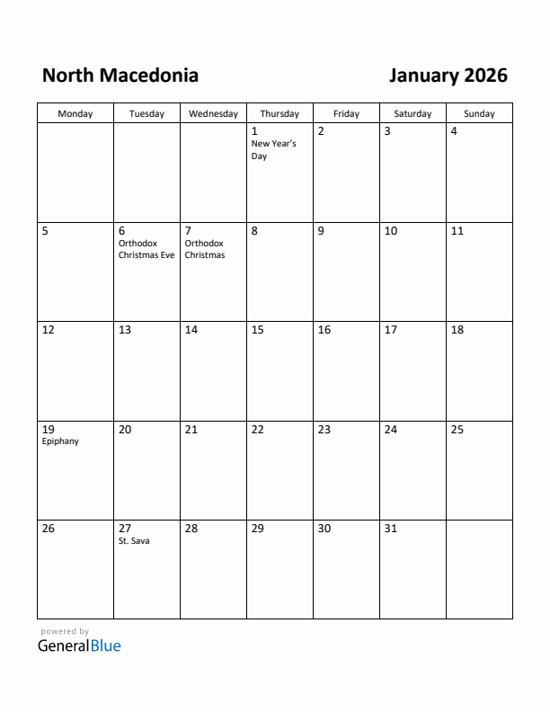 January 2026 Calendar with North Macedonia Holidays