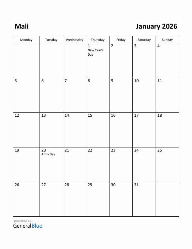 January 2026 Calendar with Mali Holidays