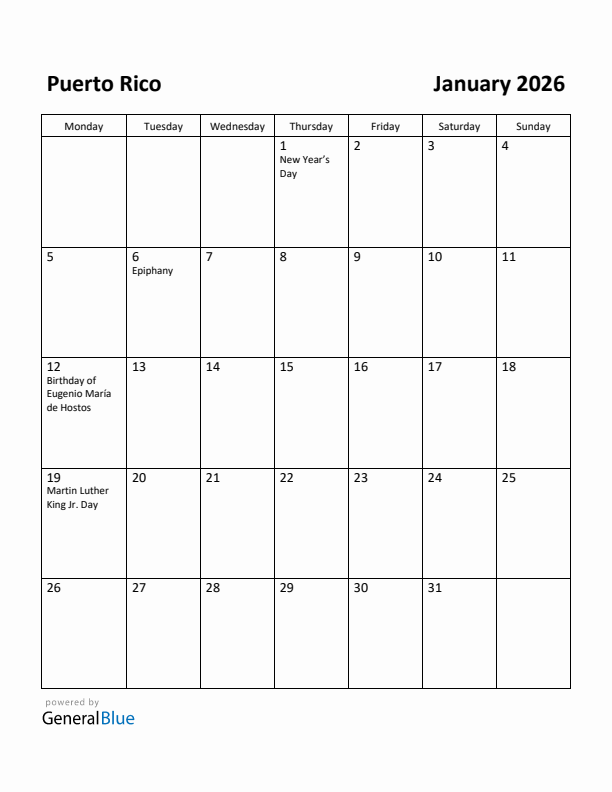January 2026 Calendar with Puerto Rico Holidays