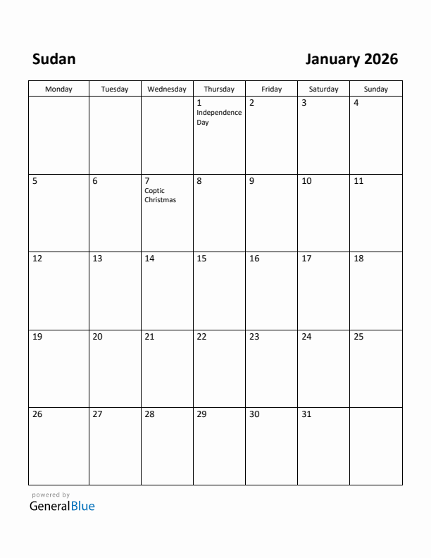 January 2026 Calendar with Sudan Holidays