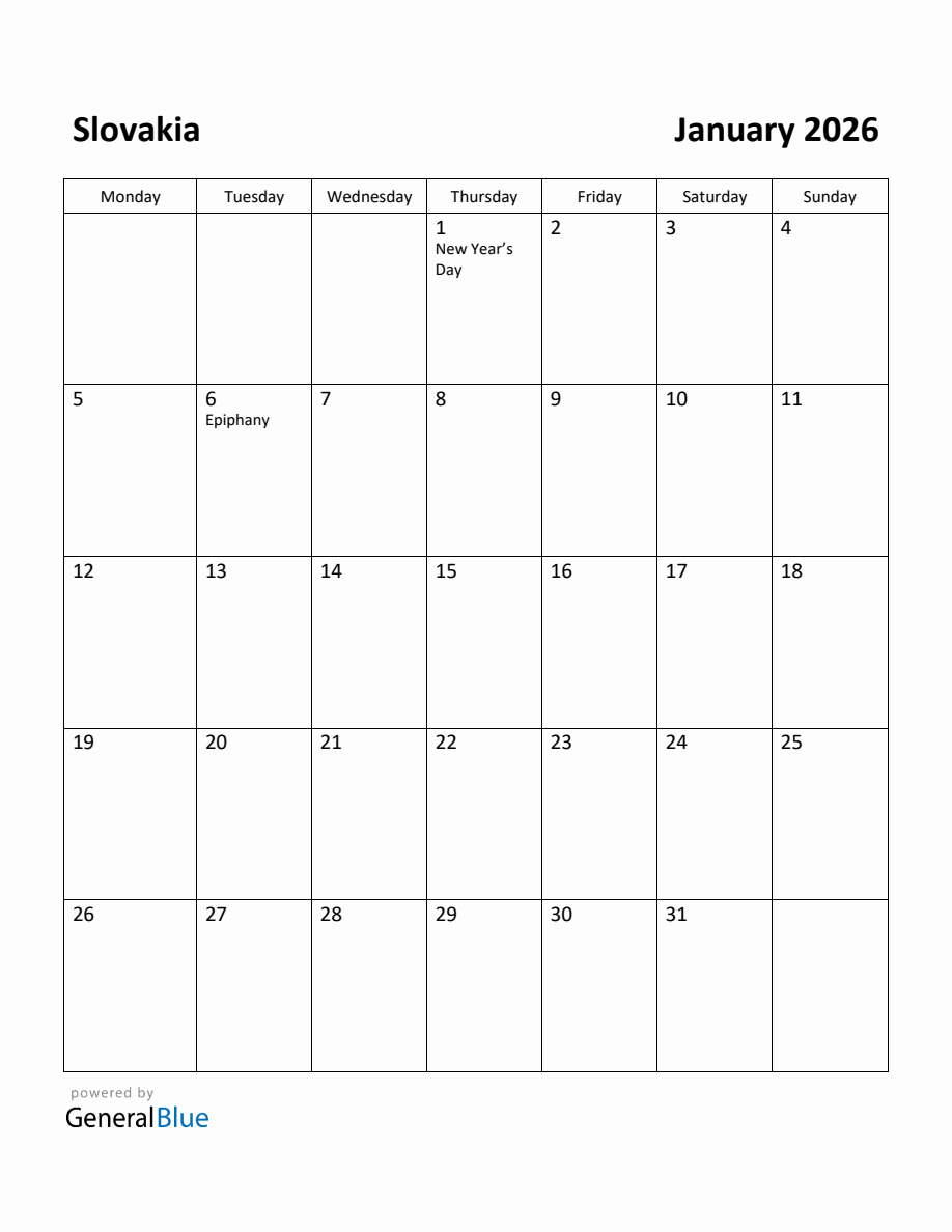 Free Printable January 2026 Calendar for Slovakia (Monday Start)