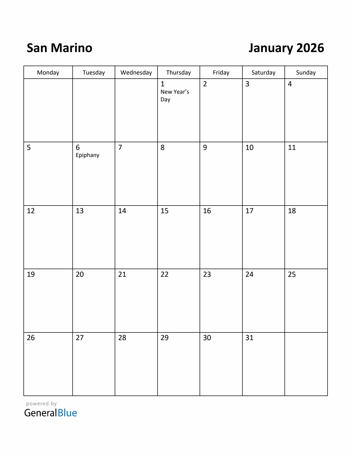 January 2026 Calendar with San Marino Holidays