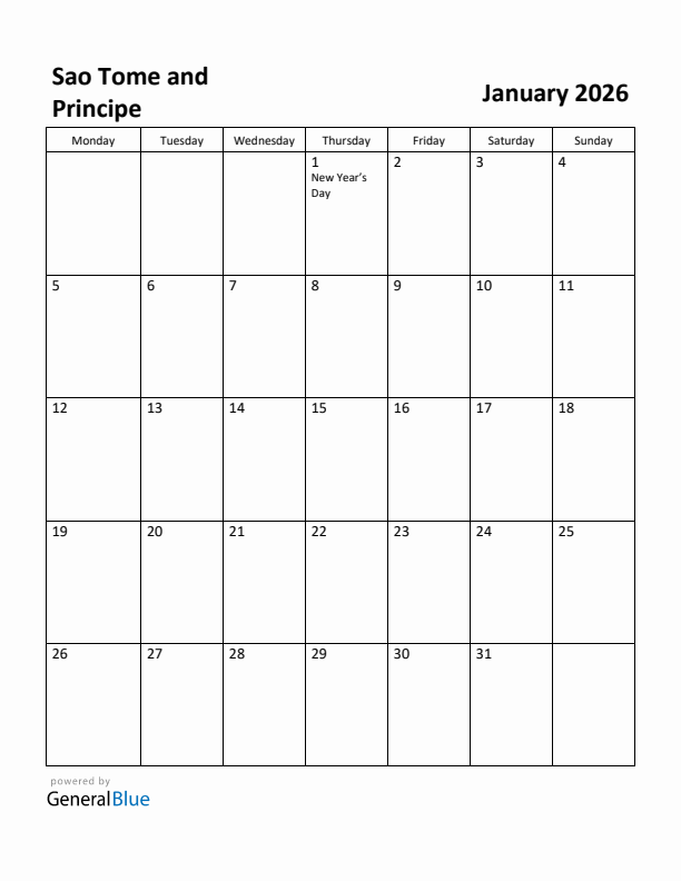 January 2026 Calendar with Sao Tome and Principe Holidays