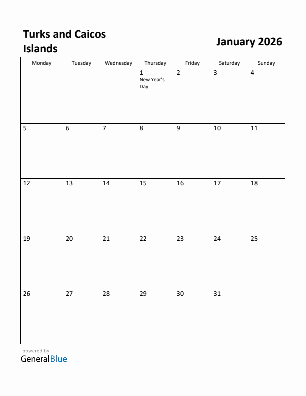 January 2026 Calendar with Turks and Caicos Islands Holidays