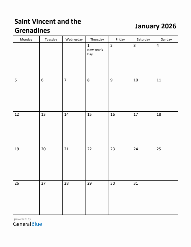 January 2026 Calendar with Saint Vincent and the Grenadines Holidays