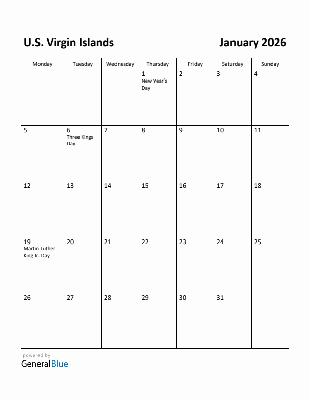 January 2026 Calendar with U.S. Virgin Islands Holidays