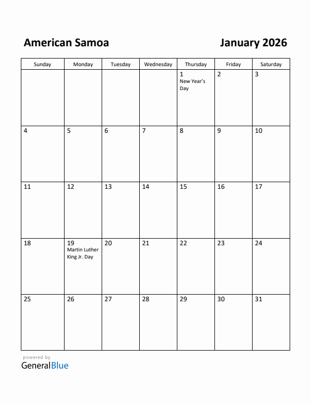 January 2026 Calendar with American Samoa Holidays