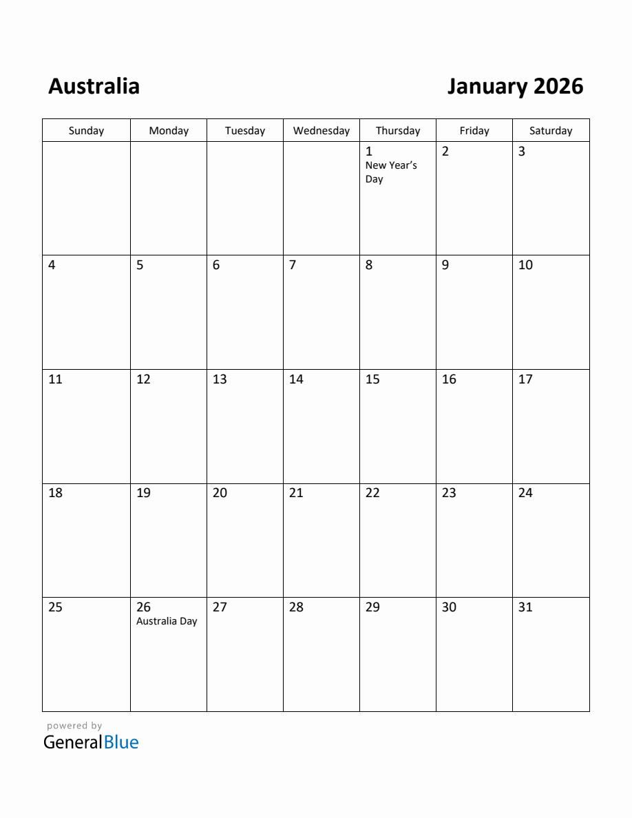 Free Printable January 2026 Calendar for Australia