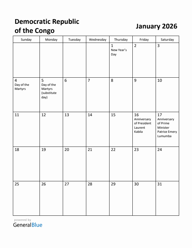 January 2026 Calendar with Democratic Republic of the Congo Holidays