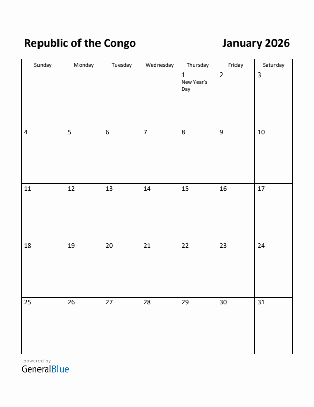 January 2026 Calendar with Republic of the Congo Holidays