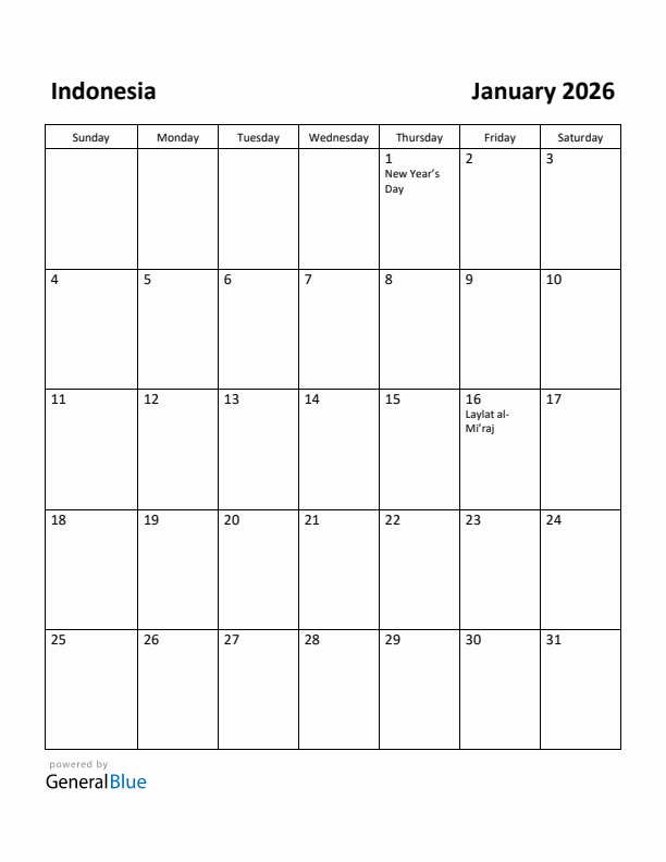 January 2026 Calendar with Indonesia Holidays