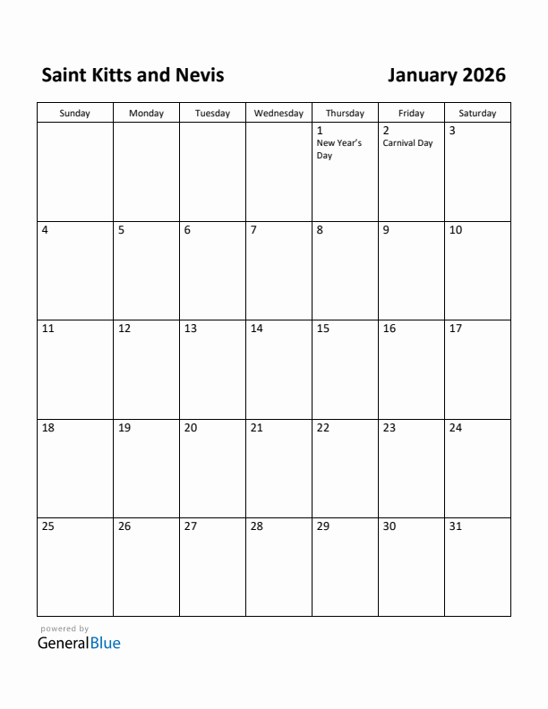 January 2026 Calendar with Saint Kitts and Nevis Holidays