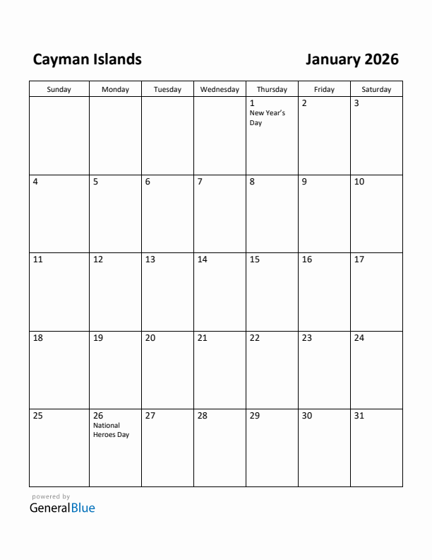 January 2026 Calendar with Cayman Islands Holidays
