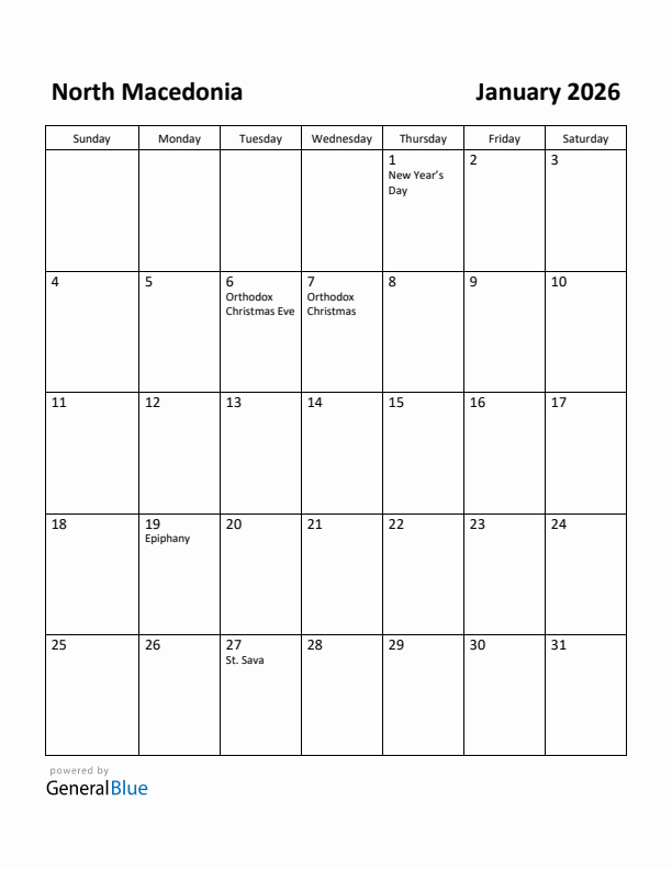 January 2026 Calendar with North Macedonia Holidays
