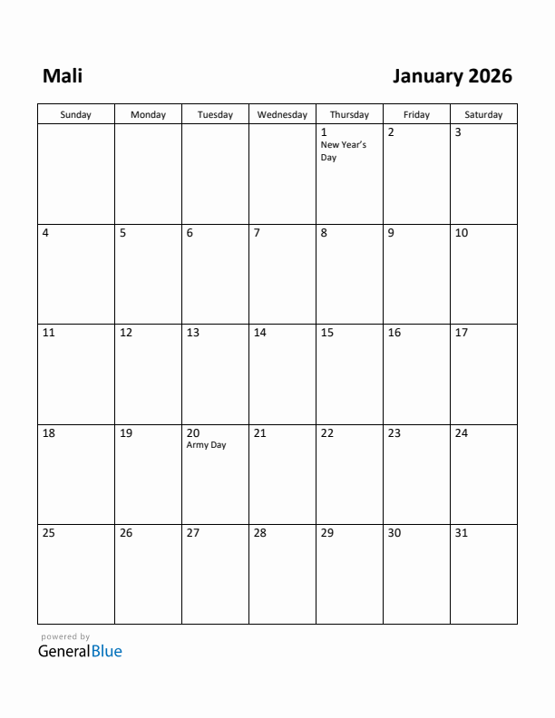 January 2026 Calendar with Mali Holidays